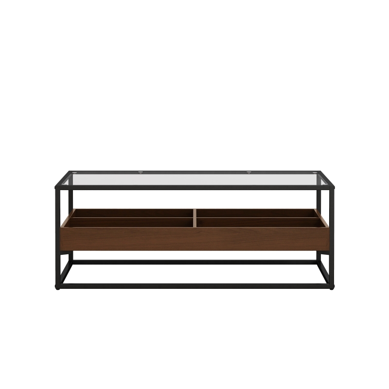 47.24" Rectangle Glass Coffee Table with Storage Shelf and Metal Legs, Tempered Glass Surface, Easy Assembly, 47.24" x 23.62" x 17.72", Black