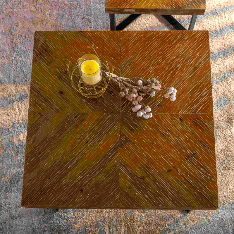 31.3" Modern Retro Splicing Square Coffee Table Set of 2, Fir Wood Table Top with Cross Legs Metal Base, Easy Assembly and Maintenance, Natural