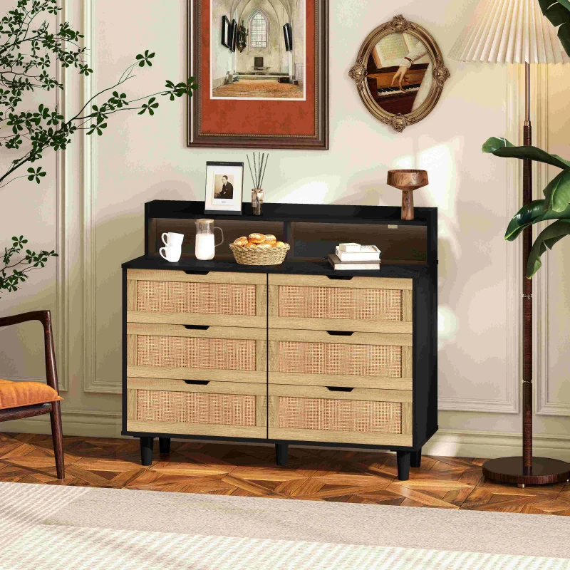 43.31" 6-Drawer Rattan Storage Cabinet with LED Lights and Power Outlet, Anti-Tip Design, Easy Assembly, 43.31"L x 15.75"W x 37.22"H, Black