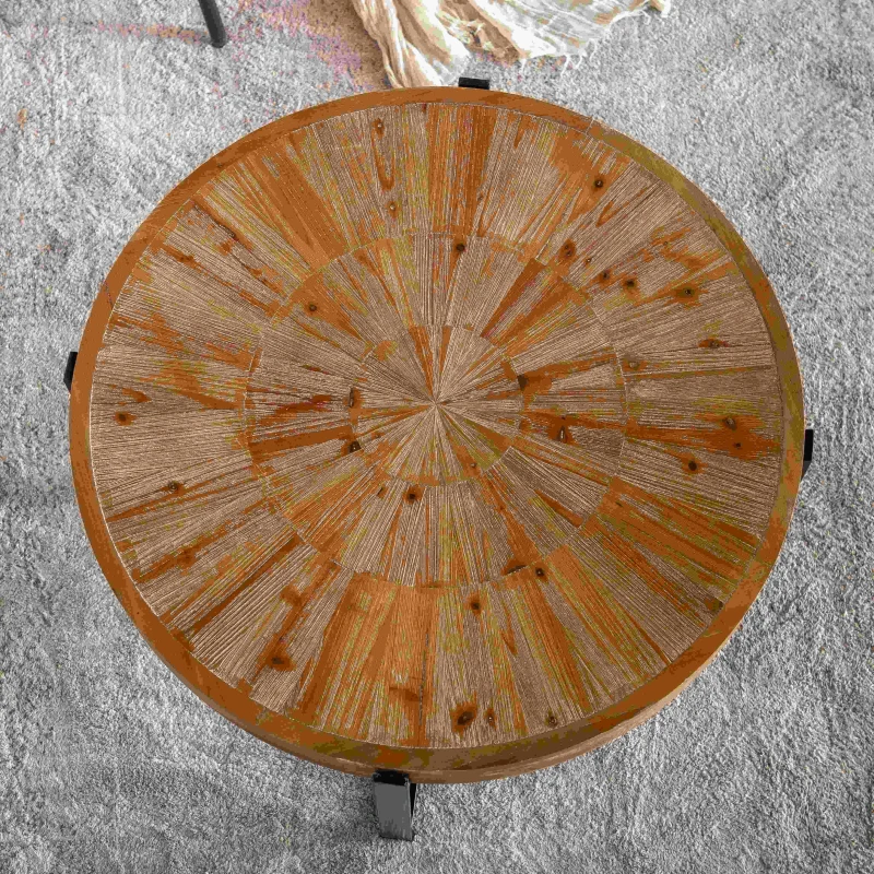 33.46" Retro Round Coffee Table, Fir Wood Top with Black Cross Legs, Easy Assembly and Maintenance, Natural