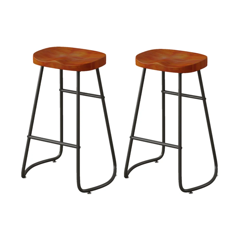 29.53" Minimalist Bar Stools Set of 2, Counter Height, Pine Wood and Iron Frame, Ergonomic Design, Non-Slip Feet Pads, 250 lbs Capacity, Brown
