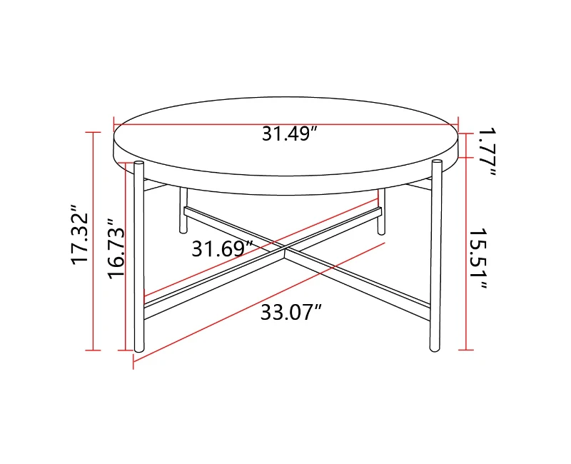 33" Modern Thread Design Round Coffee Table, MDF Table Top with Cross Legs Metal Base, Easy Assembly and Maintenance, Natural