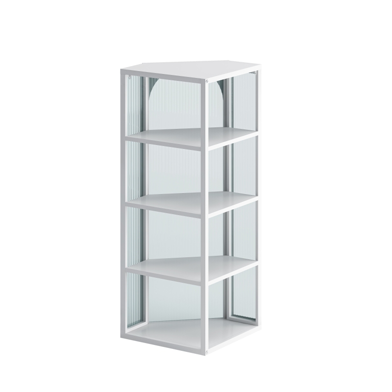 Glass Door Wall Mounted Corner Cabinet with Four-Tier Storage for Bedroom, Living Room, Bathroom, Kitchen, 22.24"L x 15.94"W x 41.34"H, White