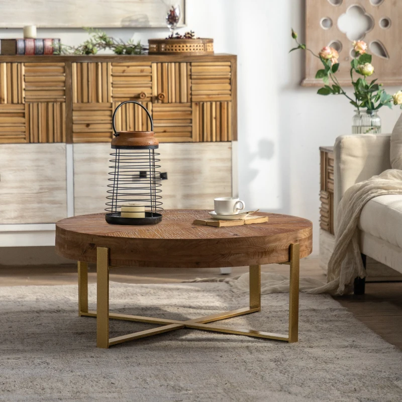 31.29" Modern Retro Splicing Round Coffee Table, Fir Wood Table Top with Gold Cross Legs, Easy Assembly and Maintenance, Gold