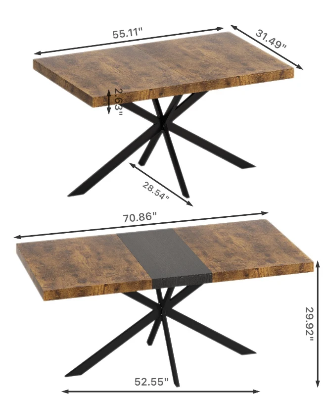 Retro Rectangular Stretch Dining Table, Antique Wood Top, Black Iron Base, with Storage Box, 55.11"-70.86", Black Brown