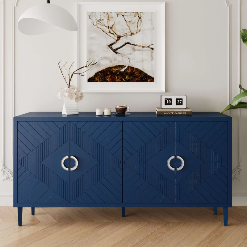 Stylish 4-Door Storage Cabinet with Pine Legs and MDF, Versatile for Living Room, Bedroom, and Kitchen, 59.84"L x 15.75"W x 32.48"H, Navy Blue