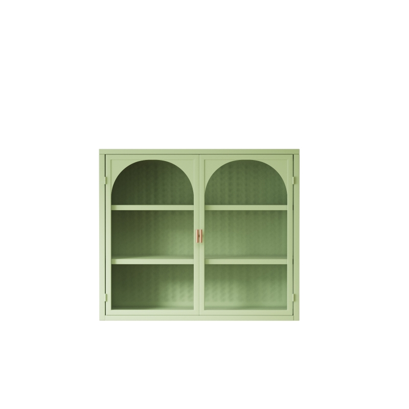27.56" Glass Doors Modern Two-Door Wall Cabinet with Three-Tier Storage, Woven Pattern, Iron and Tempered Glass for Dining Room, Bathroom, 27.56"L x 9.06"W x 23.62"H, Green