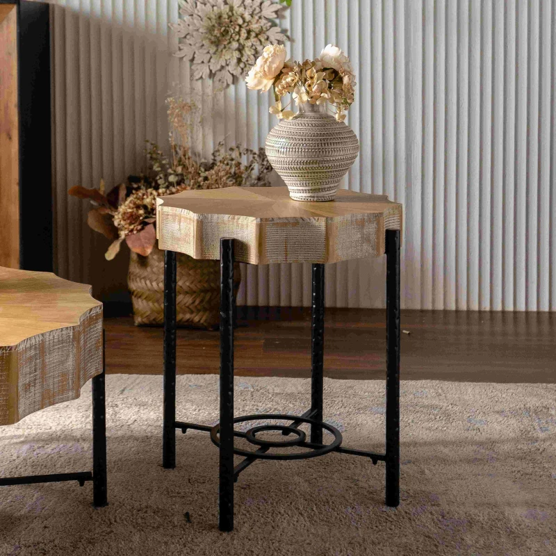 31.5" Vintage Patchwork Lace Coffee Table Set of 2 with Natural Pine Grain Top and Dimpled Metal Cross Legs, Natural+Black