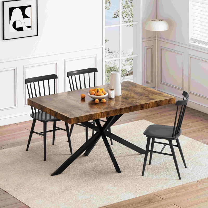 Retro Rectangular Stretch Dining Table, Antique Wood Top, Black Iron Base, with Storage Box, 55.11"-70.86", Black Brown