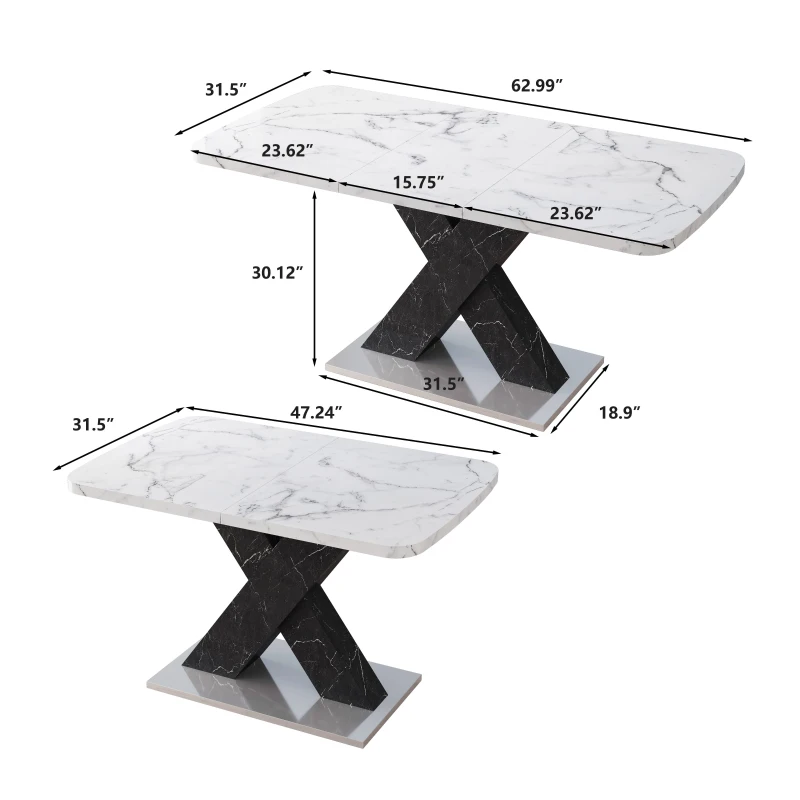 Modern Square Dining Table, Stretchable White Marble Table Top, MDF Black X-Shape Legs with Metal Base, 62.99"L x 31.5"W x 30.12"H, White+Black