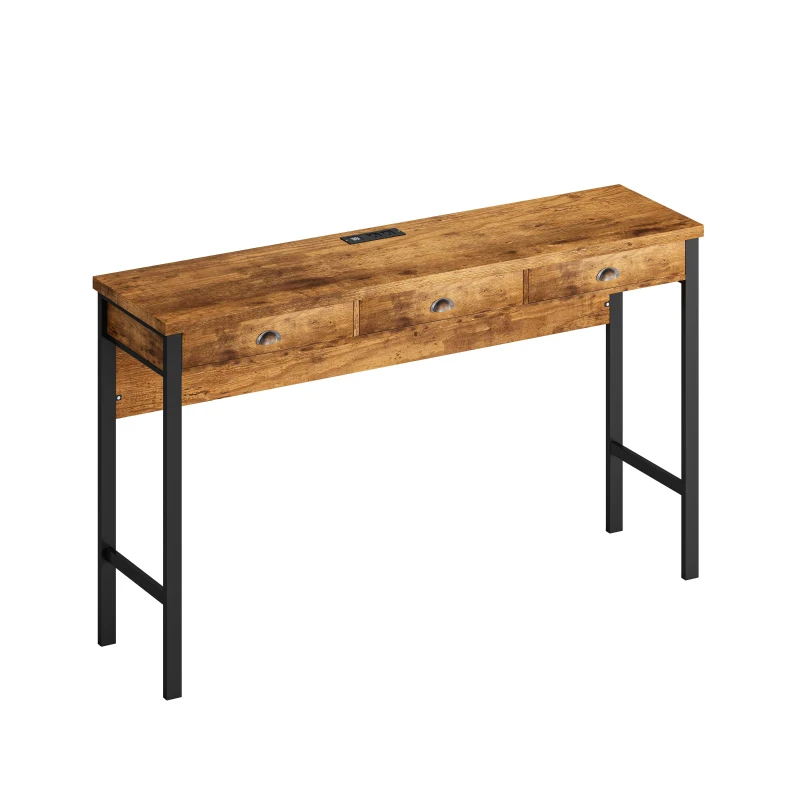 3-Drawer Long Dining Table Set with Power Outlets, Circular PU Stools, Easy Assembly, 60.24"x15.75"x35.43", Brown