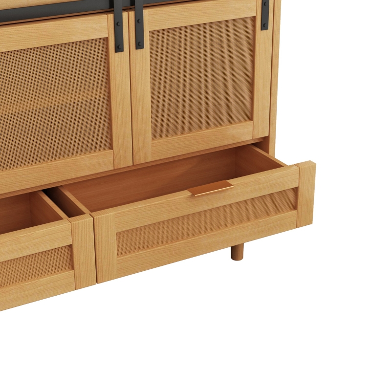 47.24" Sliding Barn Door Storage Cabinet, TV Stand with 2 Drawers, MDF and Rattan Mesh, 47.24"L x 15.75"W x 31.5"H, Wood
