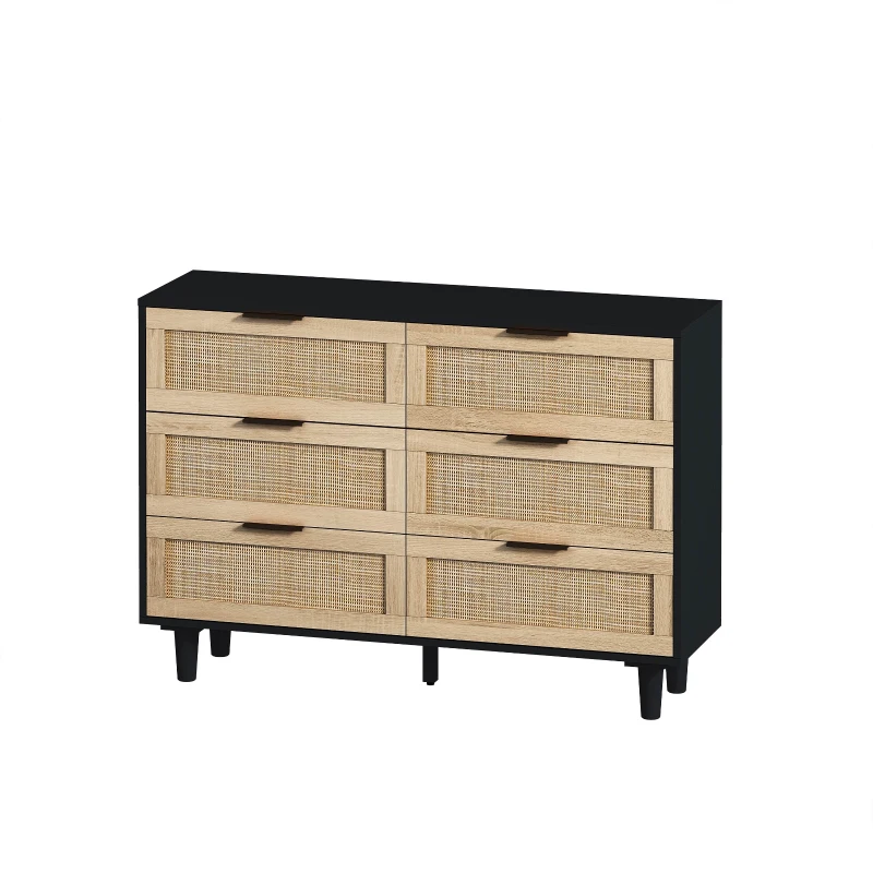 43.31" 6-Drawer Rattan Storage Cabinet, Modern Design with Natural Rattan Drawers, High-Quality Chipboard, Ample Storage for Bedroom and Living Room, Black