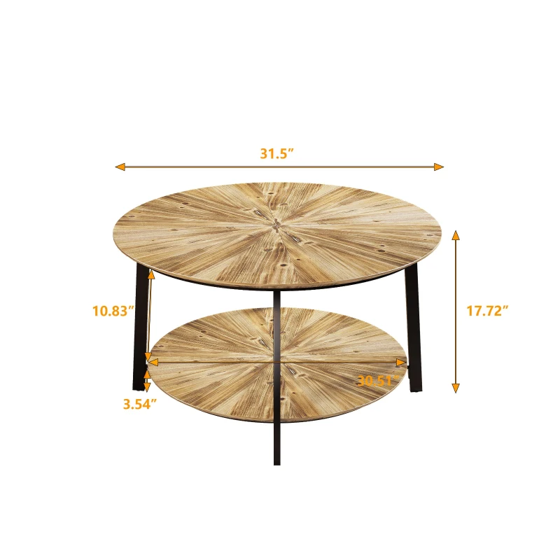 31.5" Round Coffee Table, Wooden Double Layer Coffee Table with Open Storage Space and Metal Legs for Living Room, Bedroom, Natural