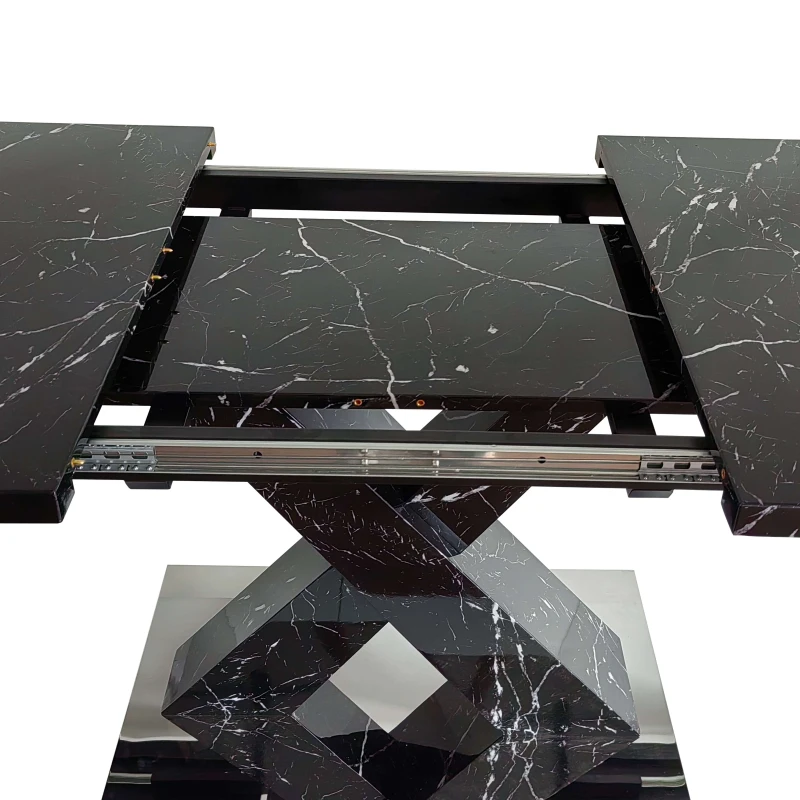Modern Square Dining Table, Stretchable Printed Black Marble Table Top, MDF X-Shape Legs with Metal Base, 62.99"L x 31.5"W x 30.12"H, Black