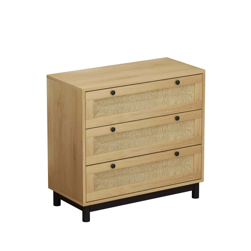 30.31" 3-Drawer Storage Cabinet with Rope Woven Drawers, High-Quality MDF and Pine Legs, for Bedroom, Living Room, Hallways, Oak