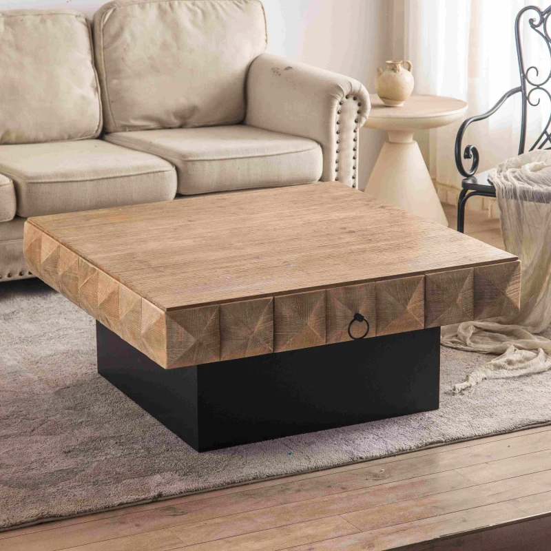 41.73" Square Retro Coffee Table with 3D Embossed Pattern, 2 Drawers, and MDF Base, 220 lb Load Capacity, Natural