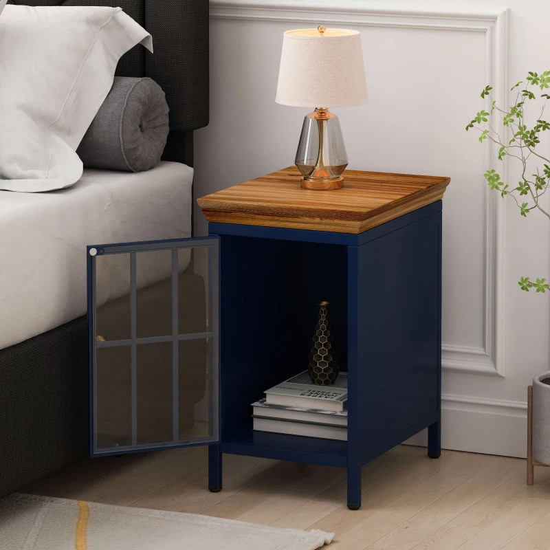 Nightstand with Storage Cabinet & Solid Wood Tabletop, Bedside Table, Sofa Side Coffee Table for Bedroom and Living Room, 12.2"L x 15.75"W x 20.08"H, Blue