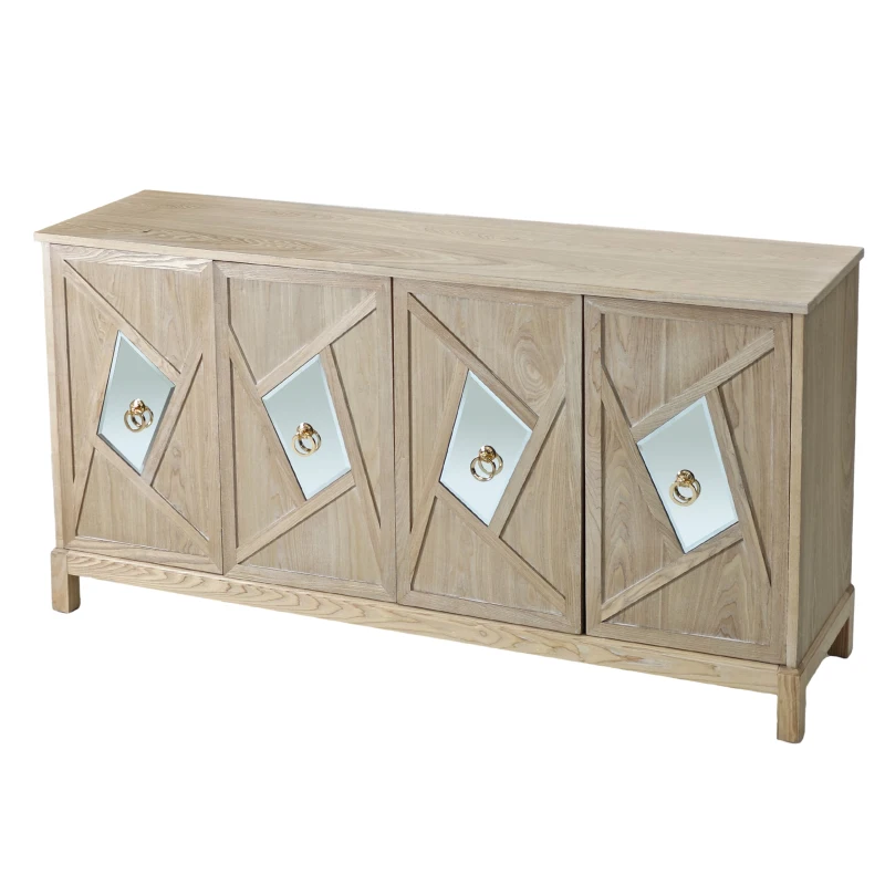 Modern 4-Door Cabinet with Mirrored Decorative Doors, Ample Storage, Solid Wood Legs, Easy Assembly, 59.84"L x 15.75"W x 31.89"H, Wood