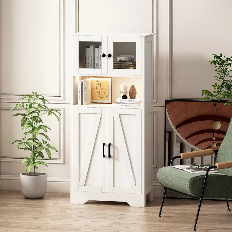 Four Door Storage Cabinet with LED Light, Open Shelf, Transparent Acrylic Doors, Adjustable Shelves, 23.62"L x 11.81"W x 50.39"H, White