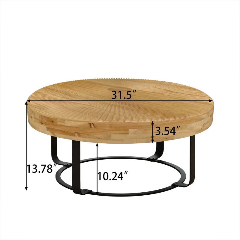 Modern Round Coffee Table with Carved Pine Top and Metal Legs, Easy Assembly, 31.5" Diameter for Living Room, Office, Reception Room, Natural+Black