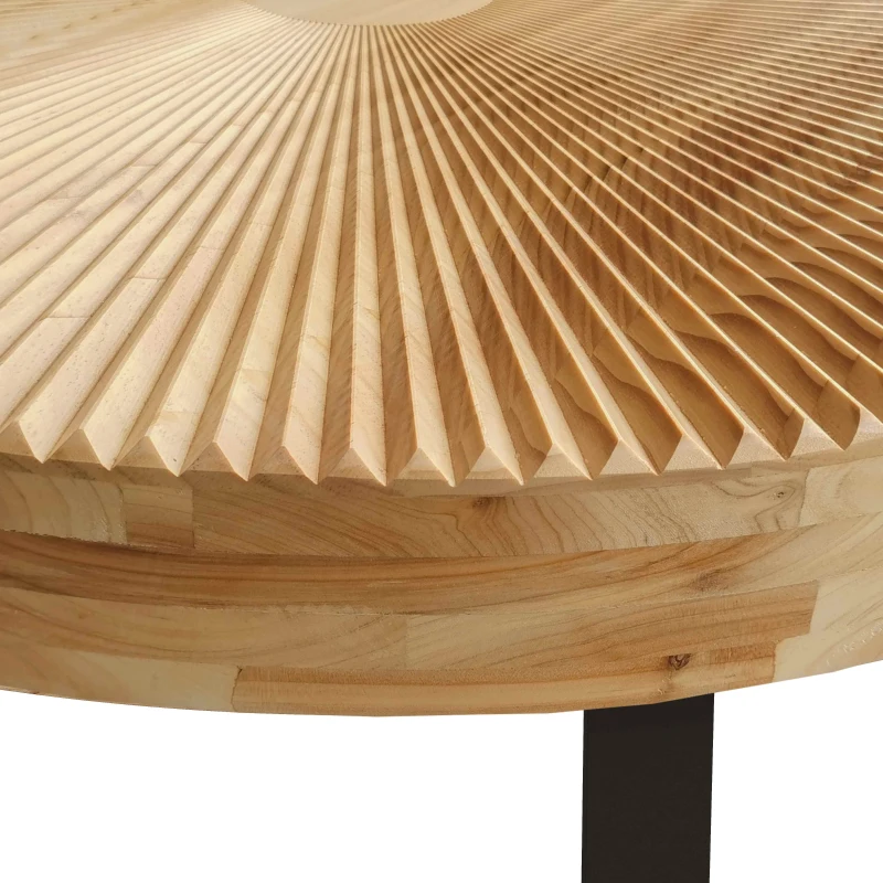 Modern Round Coffee Table with Carved Pine Top and Metal Legs, Easy Assembly, 31.5" Diameter for Living Room, Office, Reception Room, Natural+Black