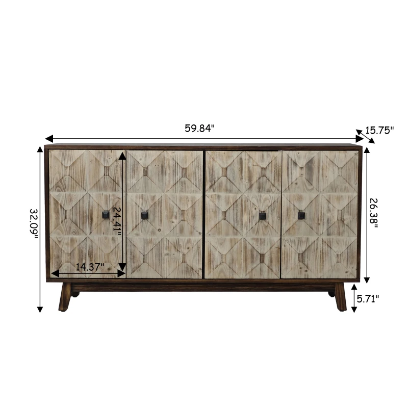 59.84" Vintage Sideboard, 4-Door Freestanding Storage Cabinet with Adjustable Shelves and Metal Handles for Living Room, Office, Bedroom, 59.84"L x 15.75"W x 32.09"H, Natural