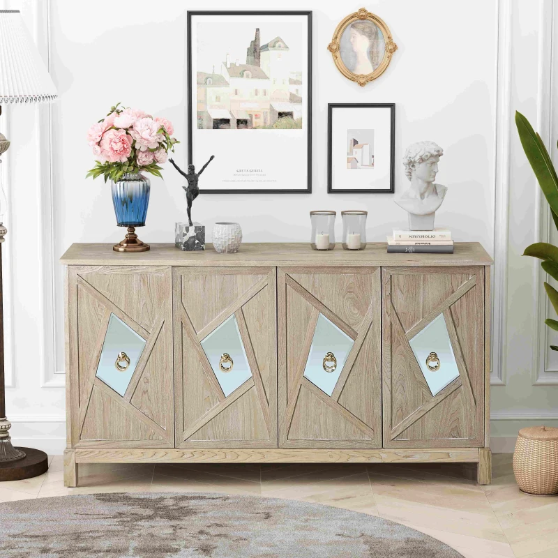 Modern 4-Door Cabinet with Mirrored Decorative Doors, Ample Storage, Solid Wood Legs, Easy Assembly, 59.84"L x 15.75"W x 31.89"H, Wood