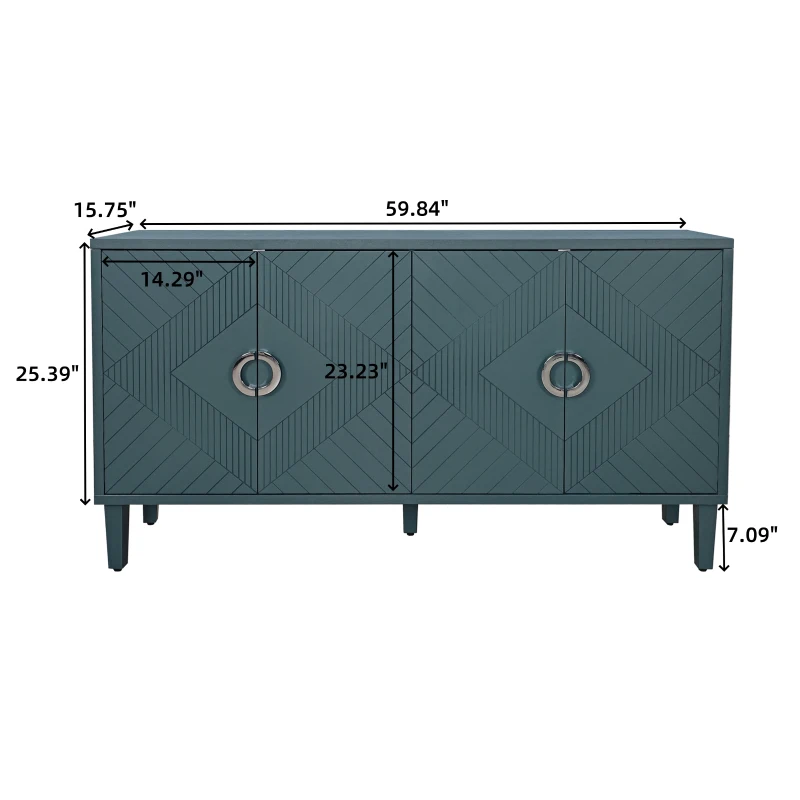 Stylish 4-Door Storage Cabinet with Pine Legs and Adjustable Shelves, MDF Construction, 59.84"L x 15.75"W x 32.48"H, Olive Green