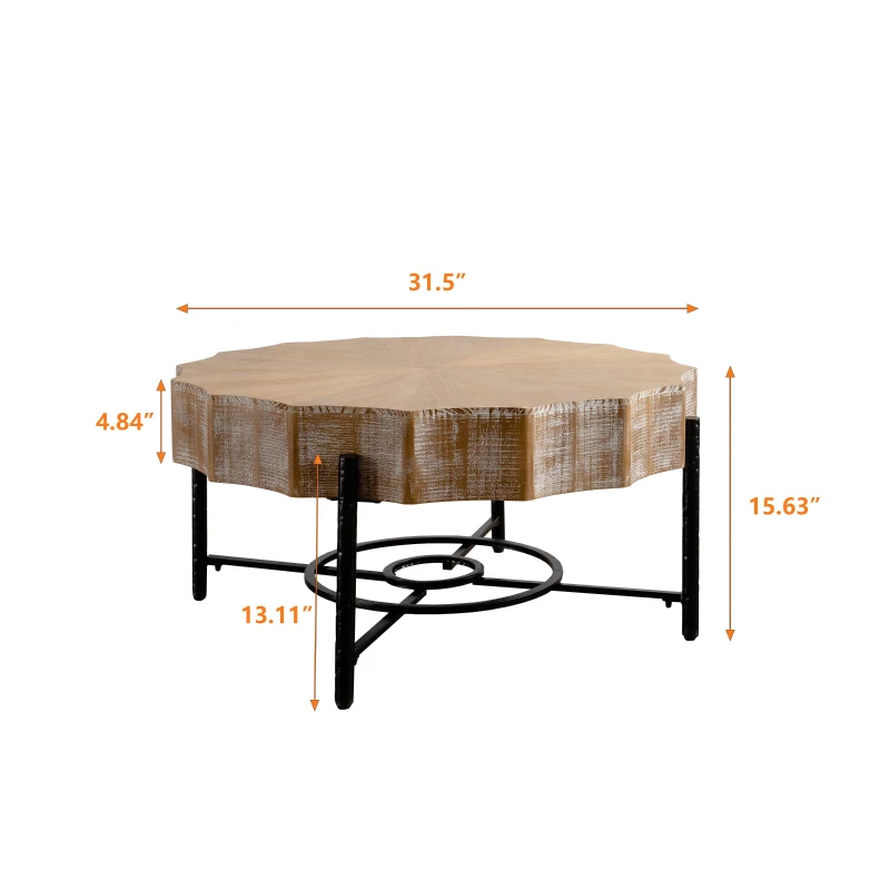 31.5" Vintage Patchwork Lace Coffee Table Set of 2 with Natural Pine Grain Top and Dimpled Metal Cross Legs, Natural+Black