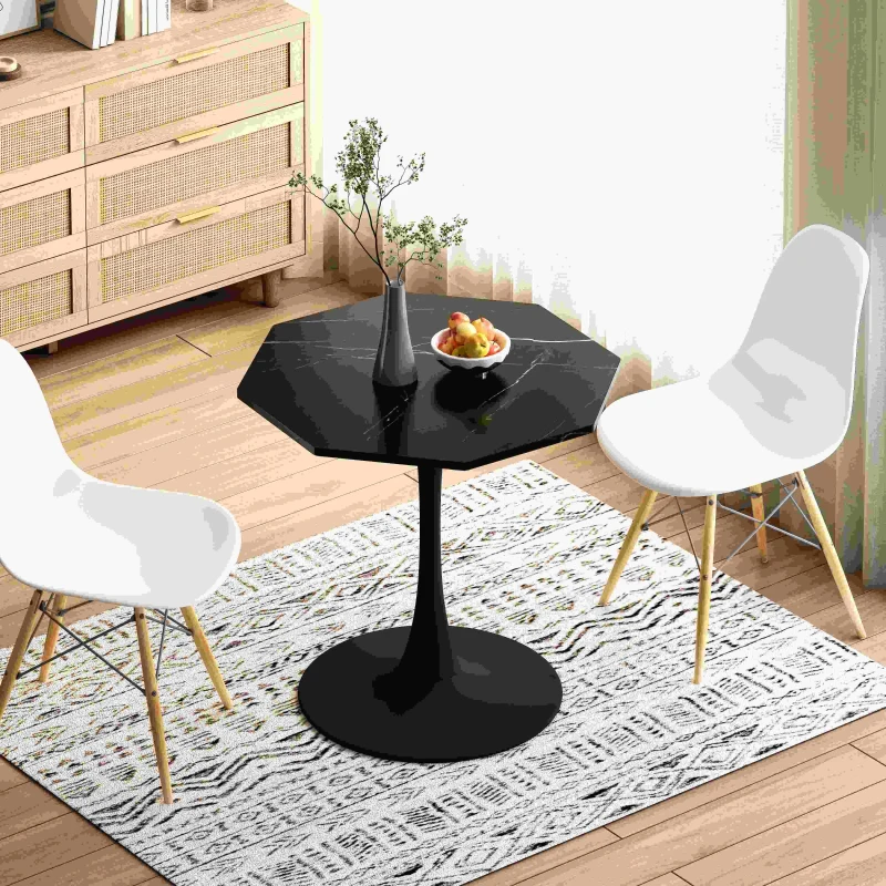 31.5" Modern Octagonal Coffee Table with Printed Black Marble Table Top, Metal Base, Easy Assembly, and High Load-Bearing Capacity, marble