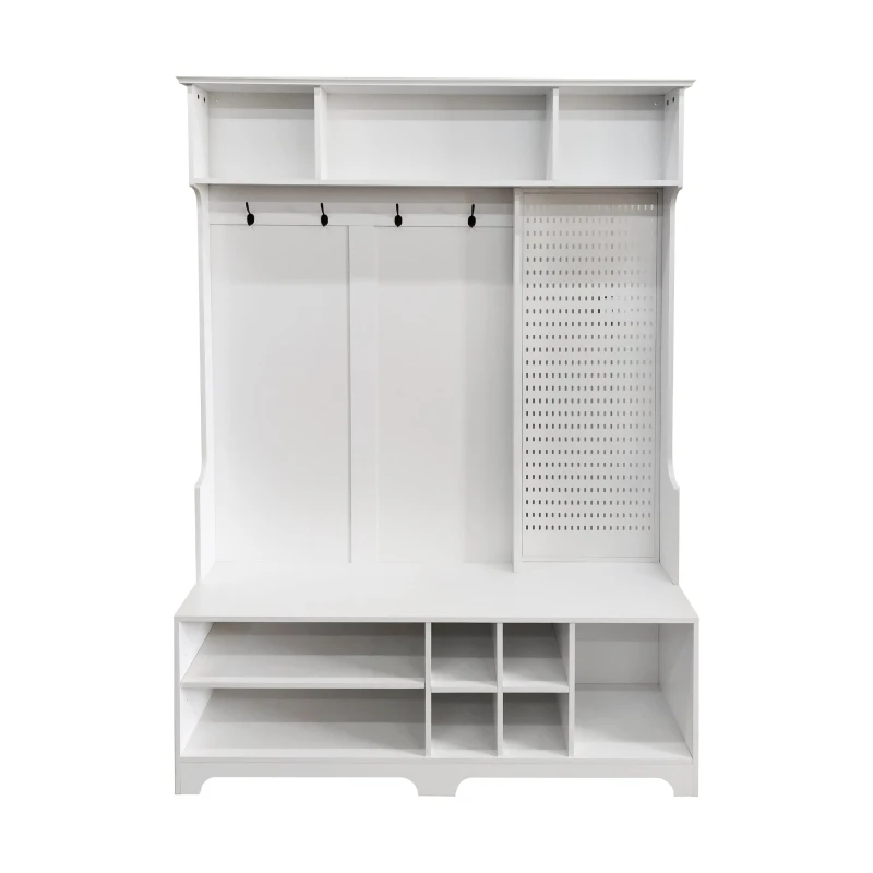 Hall Tree with Shoe Bench, Coat Rack, Storage Shelves, and Pegboard, 57.48"L x 14.96"W x 77.17"H, White