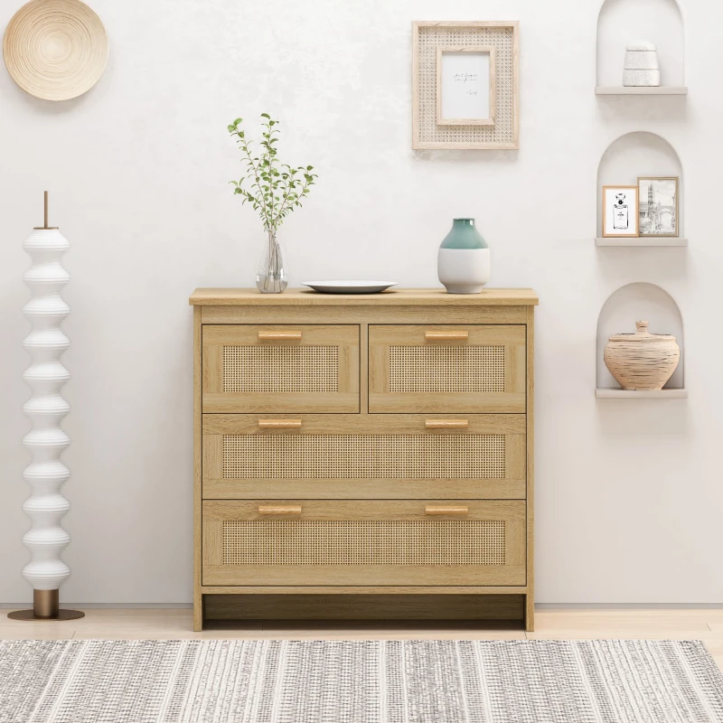 4-Drawer Rattan Cabinet, Modern Natural Design, High-Quality Chipboard, Ample Storage, Anti-Tipping, Easy Assembly, 31.5"x15.75"x31.5", Natural