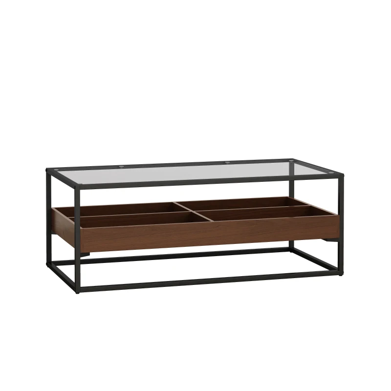 47.24" Rectangle Glass Coffee Table with Storage Shelf and Metal Legs, Tempered Glass Surface, Easy Assembly, 47.24" x 23.62" x 17.72", Black
