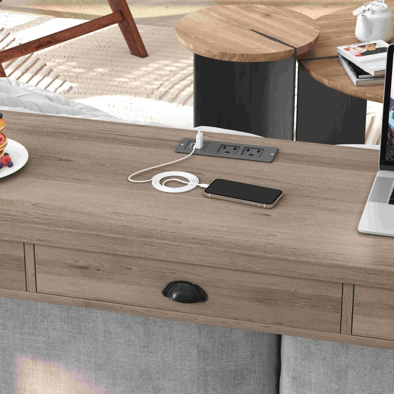 3-Drawer Long Dining Table Set with Power Outlets, Circular PU Stools, Easy Assemble, 60.24"L x 15.75"W x 35.43"H, Black