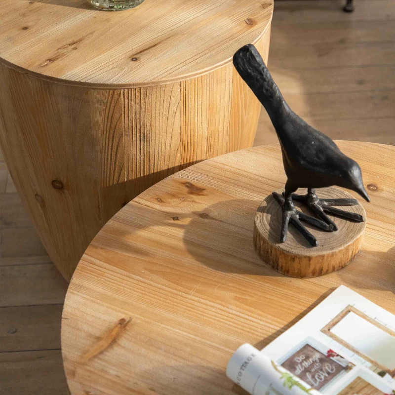 Vintage Style Barrel Shaped Coffee Table with Storage, Solid Fir Wood, 21.06" x 21.06" x 23.43", Natural