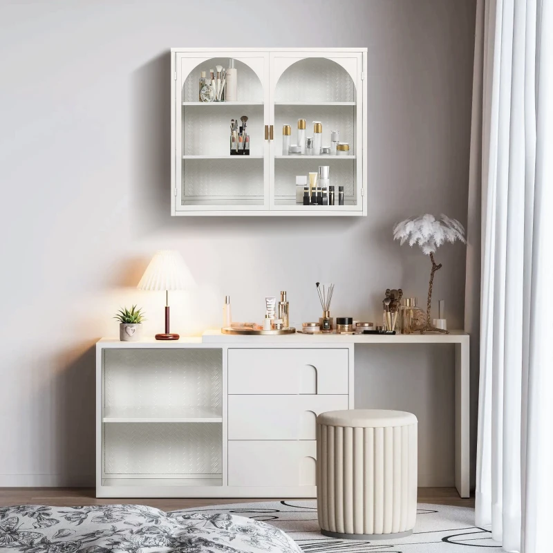 27.56" Modern Wall Cabinet with Glass Doors, Three-Tier Storage, and Woven Pattern for Entryway, Living Room, Bathroom, Dining Room, White
