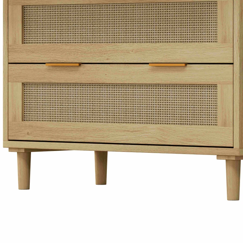 3-Drawer Rattan Storage Cabinet Set of 2, MDF and Solid Wood Legs, Iron Handles, 63" L x 15.55" W x 30.12" H, 52.47 lbs Each, Oak