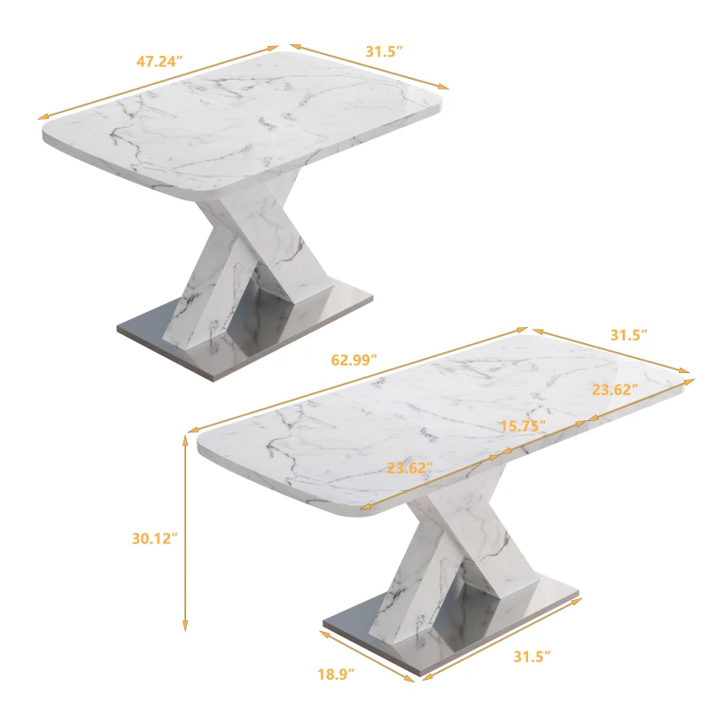 Modern Square Dining Table, Stretchable Printed White Marble Table Top, MDF X-Shape Table Leg with Metal Base, 62.99"L x 31.5"W x 30.12"H, White