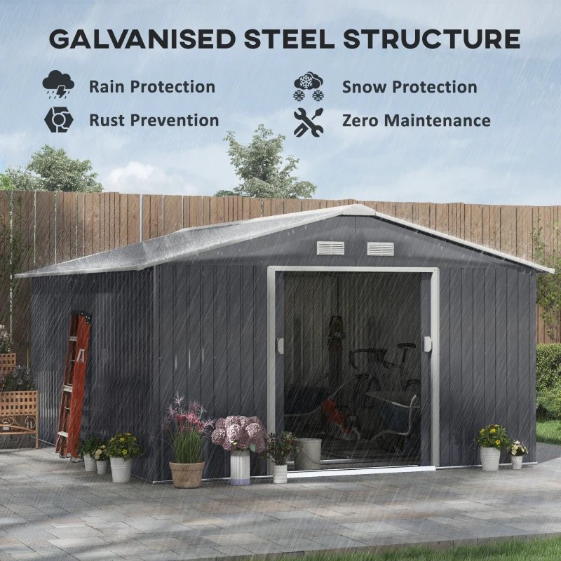Outsunny 11' x 13' Garden Metal Shed, Storage Shed Utility Storage with Double Locking Doors for Bike, Yard Tools, Dark Gray