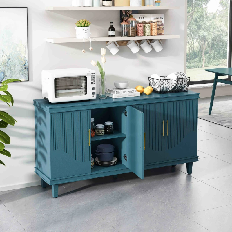 59.84'' Large 4-Door Cabinet, Solid Wood and MDF, Adjustable Shelves, 330 lbs Top Surface Capacity, 59.84''L x 15.75''W x 32.28''H, Blue