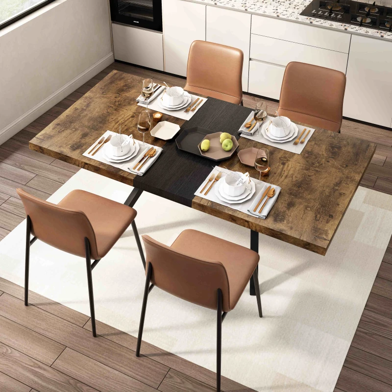 Vintage Rectangular Stretch Dining Table with Antique Wooden Tabletop, Black Embossed Centerboard, and Iron Leg Base, 78.74″ L x 35.43″ W x 29.52″ H, Brown