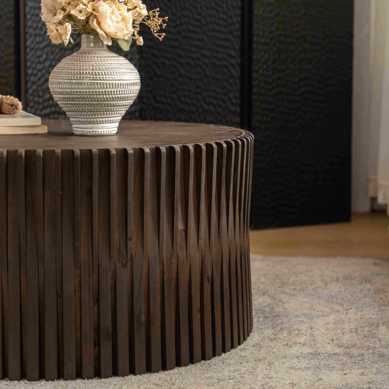 Vintage Cylindrical Nesting Coffee Table Set with Vertical Textured Embossed Design, No Assembly Required, Dark Brown