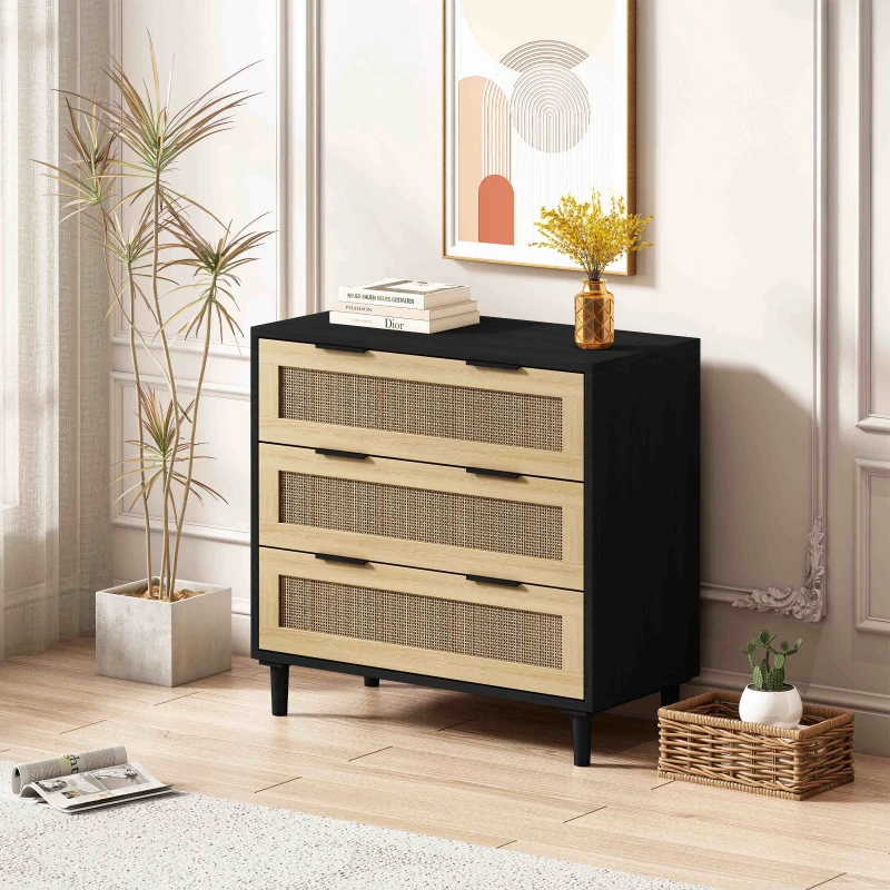 31.5" Rattan Storage Cabinet with 3 Drawers, Modern Design, MDF and Real Wood Legs, Metal Handles, Anti-Tip Safety, for Bedroom, Living Room, Hallways, Black