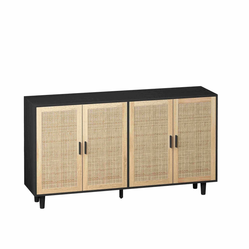 Elegant 4-Door Rattan Storage Cabinet, Adjustable Shelves, Easy Assembly, 62.2"L x 15.75"W x 34.25"H, Black