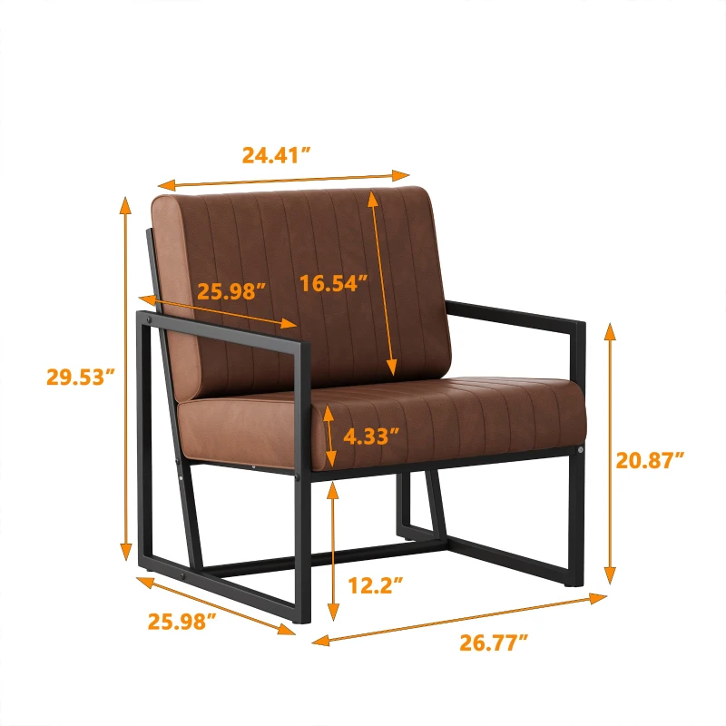 Modern Fashion PU Leather Armchair with Metal Frame, Extra-Thick Padded Backrest and Seat Cushion, Ergonomic Design, 26.77"L x 25.98"W x 29.53"H, Brown