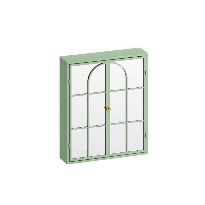 Vintage Two Door Wall Cabinet with Mirror, Three-Level Storage, Retro Style, Iron and Glass, 23.62"L x 5.91"W x 27.56"H, Green