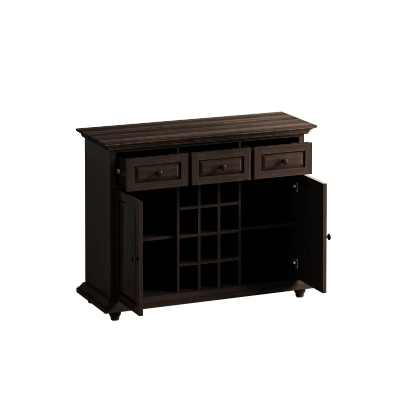 Vintage Style 3-Drawer 2-Door Storage Cabinet with 12-Grid Wine Rack, Adjustable Shelves, Anti-Tipping Design, 47.64"L x 17.13"W x 36.02"H, Brown