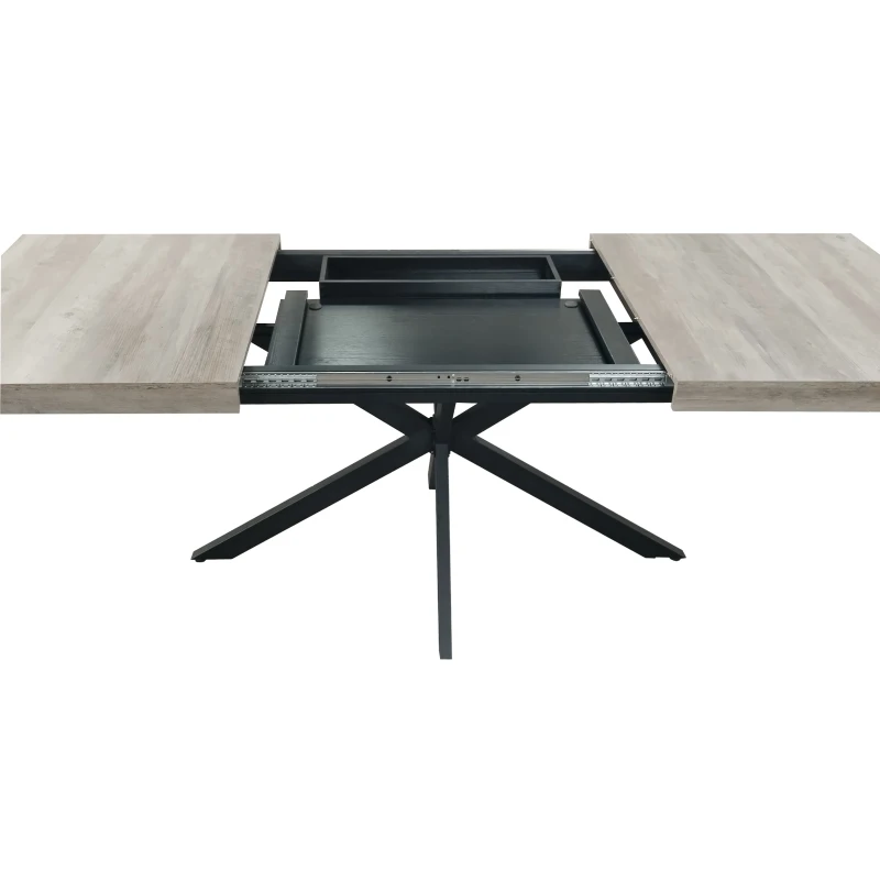 Retro Rectangular Stretch Dining Table with Storage Box, Gray Carole Top, Black Embossed Center Plate, Iron Cross Foot Base, 55.11"-70.86", Gray