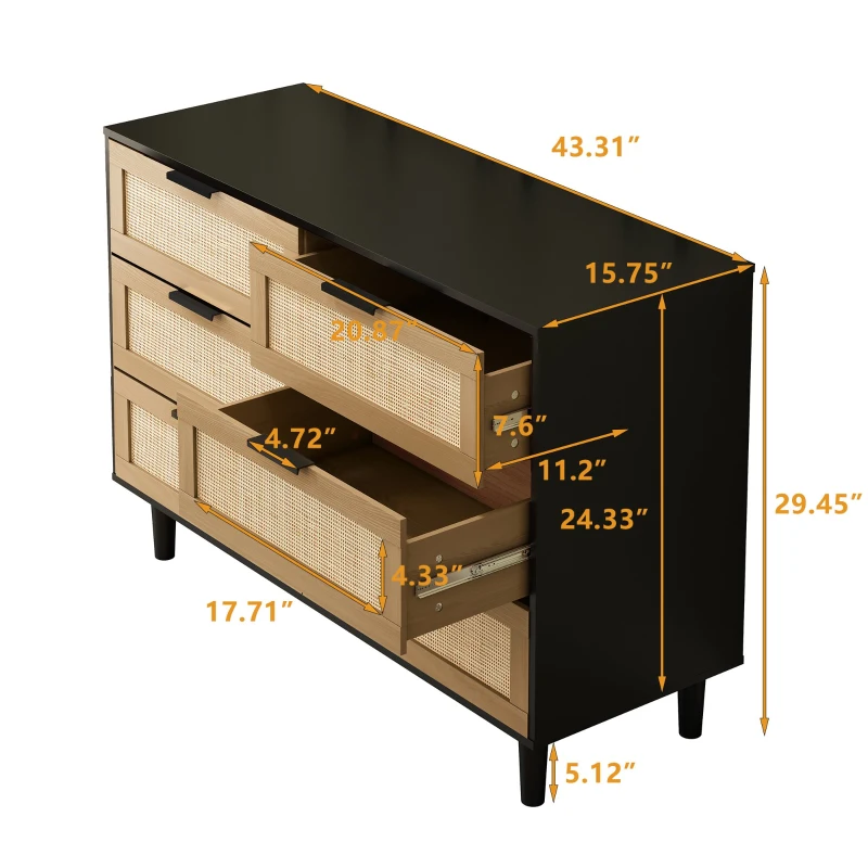 6-Drawer Rattan Dresser, Modern Natural Rattan Design, High-Quality Chipboard, Ample Storage Space, 43.31" x 15.75" x 29.45", Black